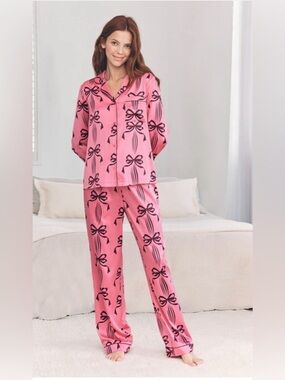 Chelsea Peers Pink Bow Satin Pajama Set Size Large